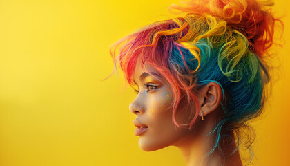 High detailed close up portrait of young female with Dyed Multi Colors Hair hairstyle and brighty make-up on vibrant Yellow wall. Modern teens expressional serene outlook with individuality accent.