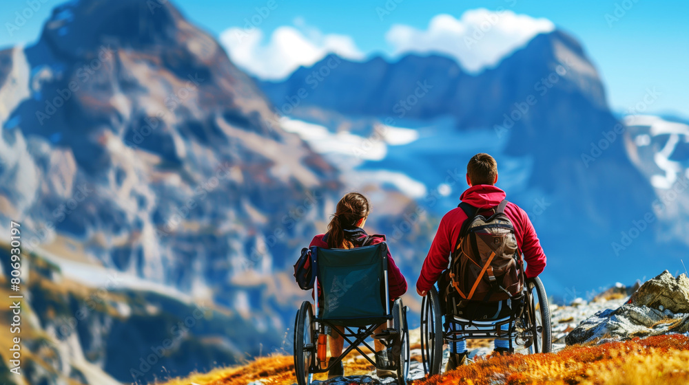 Sticker A man and a woman in wheelchairs enjoy a breathtaking mountain view on a sunny day.