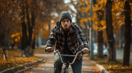 A Young man riding a bicycle in the park - Powered by Adobe