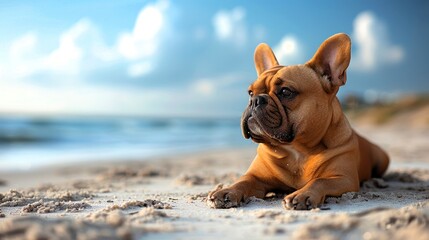 Funny dog, French bulldog resting peacefully on a sandy beach under the warm sun with copy space