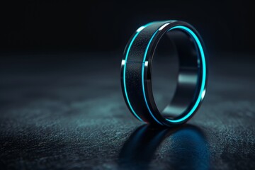 Black smart ring with glowing red and blue accents on dark background