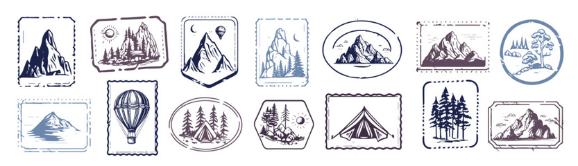 Camping set, Mountain landscape, hand drawn style, vector illustration.