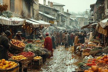 a group of people are standing around a market filled with fruits and vegetables
