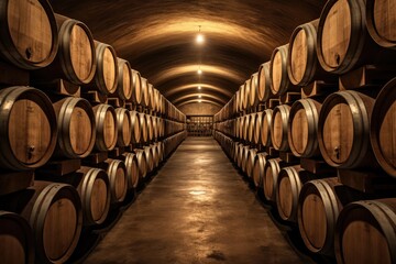 Large wine cellar with long rows of wooden barrels for storing wine, whiskey, beer. An ancient warehouse under castle.