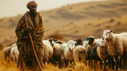 A shepherd in a colorful plaid cloak stands among his sheep flock on a grassy hillside.