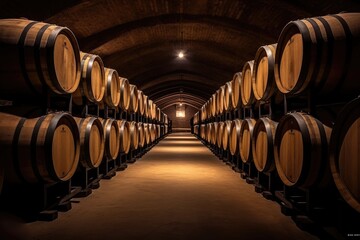 Large wine cellar with long rows of wooden barrels for storing wine, whiskey, beer. An ancient warehouse under castle.