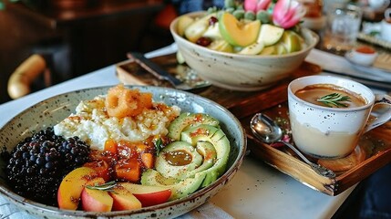   A bowl of food sits atop a table with a bowl of fruit and a mug of coffee nearby