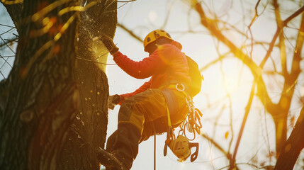 A tree surgeon wearing safety gear works on pruning a large tree, illuminated by bright sunlight.
