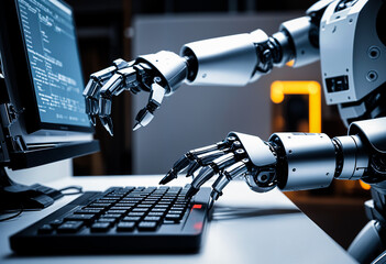 robot finger Typing on computer keyboard Saw a complex program writing screen.