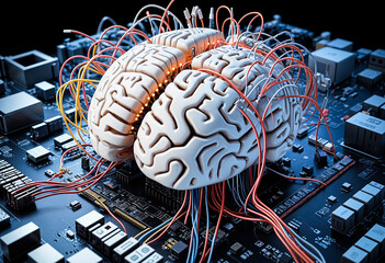 Wires and electronics, chips and CPUs, come together to form a 3D brain.