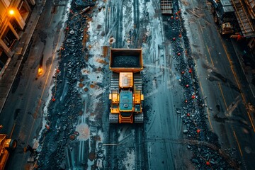 An aerial view of a vehicle on a snowcovered road in an urban landscape