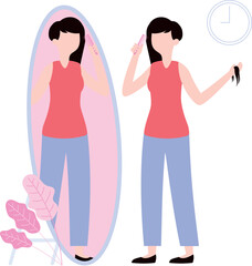 The girl is combing her hair in the mirror.