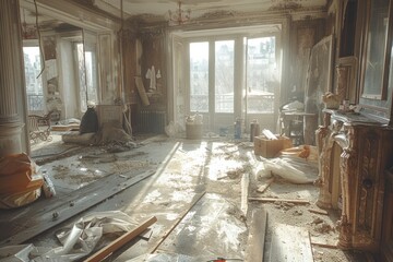a living room under construction with a lot of junk on the floor