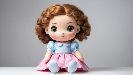 Fototapeta premium girl plush doll stuffed toy studio portrait on plain white background from Generative AI