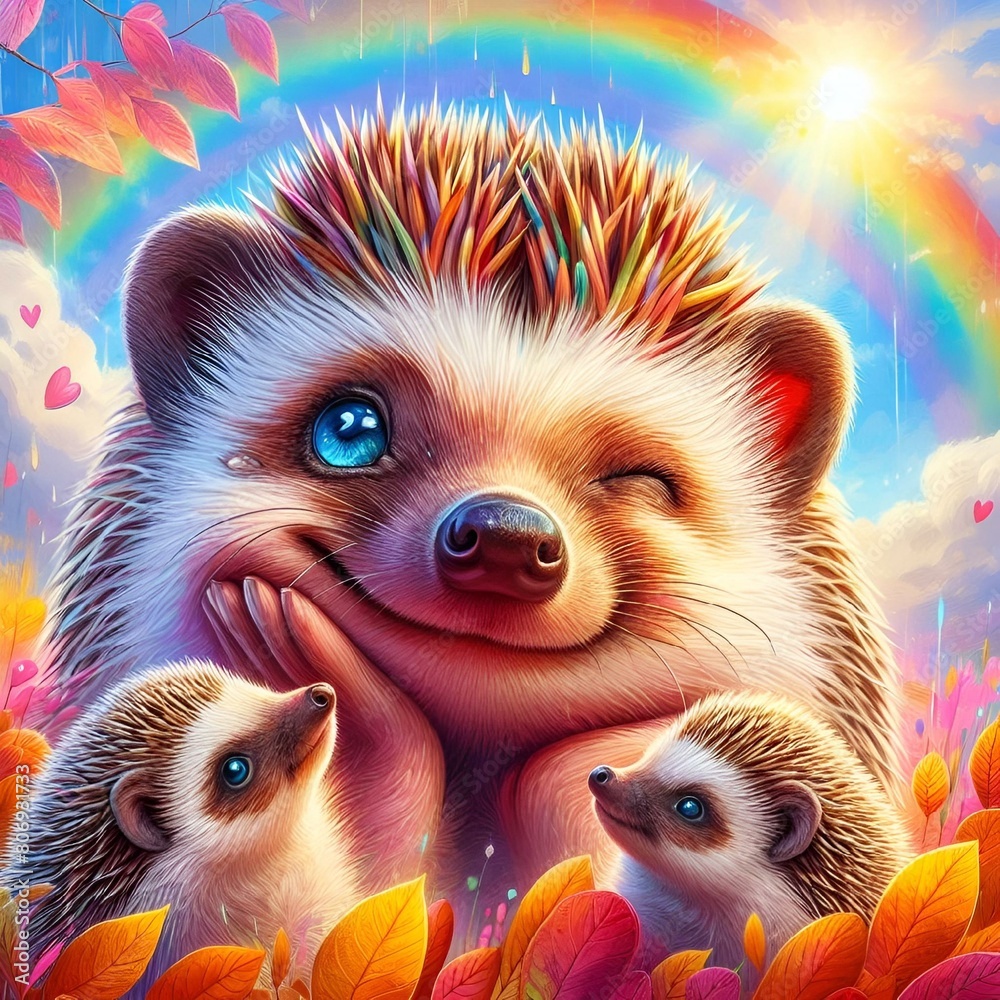 Canvas Prints ai generated illustration of a hedgehog winking with its young in a colorful meadow