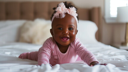 Joyful African American baby girl smiling while lying on a white bed, wearing a pink onesie and a floral headband.