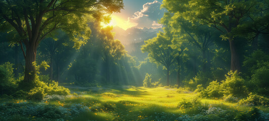 Sunlight filtering through trees in a serene forest meadow