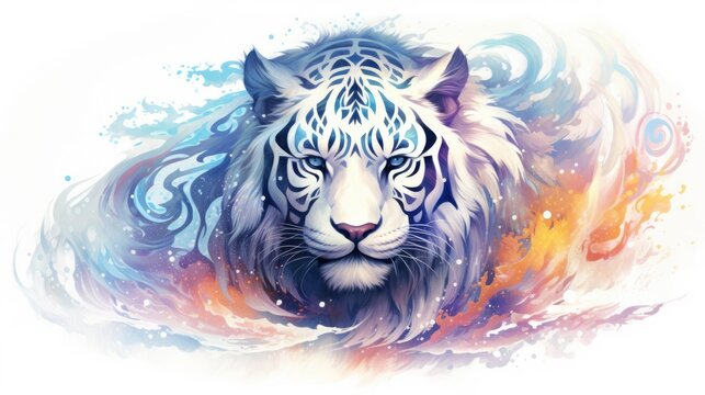 Astral tiger spirit watercolor illustration - Generative AI. White, tiger, blue, eyes.