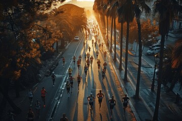 Group of individuals race through natural landscape at dusk