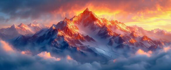 Majestic sunset glow over snow-capped mountain peaks - Powered by Adobe