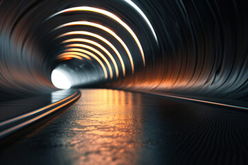 Futuristic tunnel illuminated by a light trail leading to a bright exit