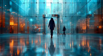 Lone professional woman walking in a reflective glass office building