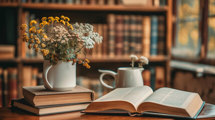 Open book and wildflowers in a vase on a wooden table with a cozy library background