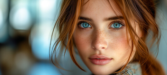 Serene blue-eyed young woman with sunlit freckles - Powered by Adobe