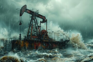 Oil pump floating in stormy ocean amidst clouds and wind