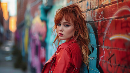  A fashionista posing for a street style photoshoot in a vibrant urban alleyway, showcasing edgy fashion trends and personal style with confidence
