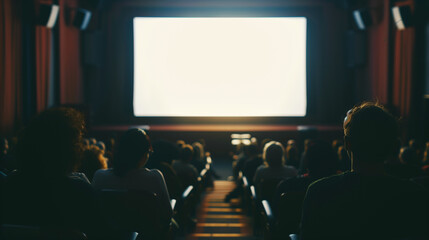 Audience seated in a dark cinema hall, watching a movie on a large blank screen.