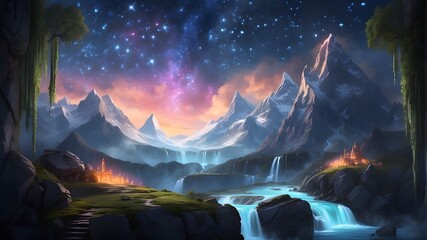 A surreal landscape with towering mountains, cascading waterfalls, and a mystical forest filled with glowing fireflies.
