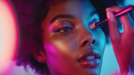 Obraz premium Dramatic young woman with vivid makeup highlights under neon lighting