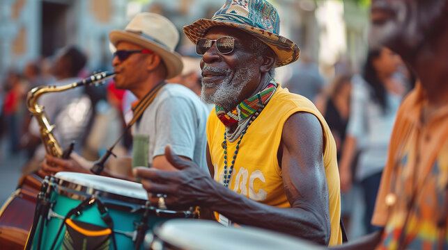 Street performers entertaining a crowd with a lively musical performance in a bustling city square, adding rhythm and energy to urban culture