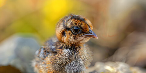 Chick Young pheasant stand on blurred  background.