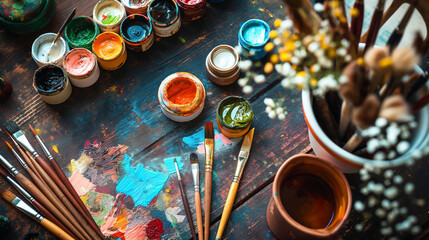 Artistic workspace with open paint jars, brushes, and colorful splatters on rustic wooden table