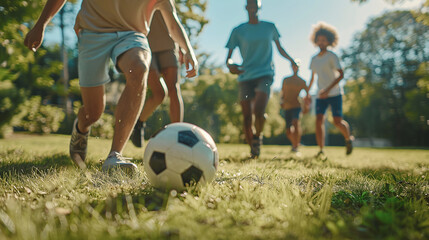 A group of friends play a friendly game of soccer in a nearby park, building teamwork and camaraderie through outdoor recreation.