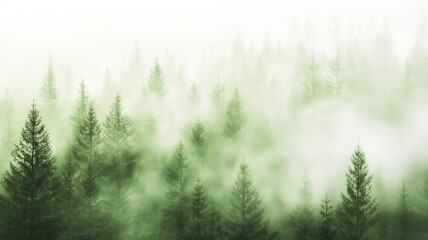 Mystical forest shrouded in thick fog, with layers of evergreen trees fading into a soft, ethereal green haze, evoking a tranquil and mysterious atmosphere.