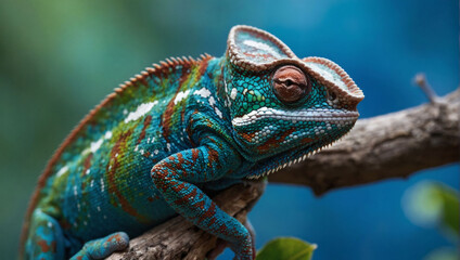 Behold the mesmerizing contrast of a vibrant chameleon against a backdrop of tranquil blue, a testament to the beauty and diversity of the natural world.