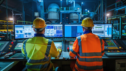 Two engineers, clad in high visibility attire and hard hats, collaborate at an industrial control panel. Multiple computer screens behind them display various energy data