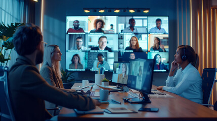 Modern office setting with employees engaged in a hybrid video conference meeting with remote participants displayed on multiple screens.