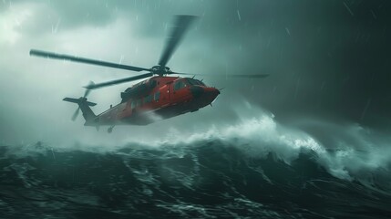 Fototapeta premium A dramatic scene of a red search and rescue helicopter braving turbulent stormy seas during a mission.