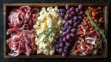   A wooden box holds a platter of meats, cheeses, grapes, and meat
