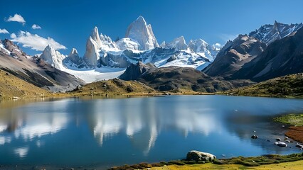 Obraz premium Serene Lake View: Majestic Mountain Landscape with Snowcapped Peaks and Blue Sky. Concept Lake Views, Mountain Landscapes, Snowcapped Peaks, Blue Skies