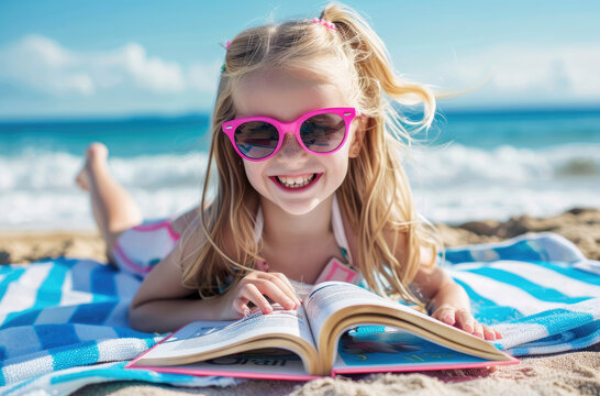 A little girl with pink sunglasses lying on a beach towel, smiling and reading a book