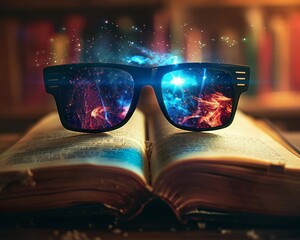 3D glasses coming out of a book, illustrating learning through augmented reality