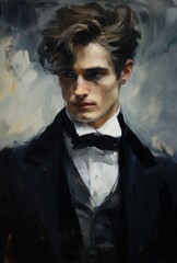 Man In Tuxedo Against Artistic Backdrop Embodies Classic Elegance And Timeless Fashion. Perfect For Sophisticated And Formal Occasions. Man in Elegant Black Suit