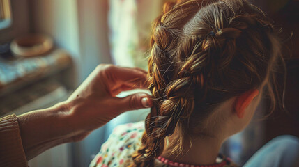 mother's hands braiding her daughter's hair, with soft sunlight streaming through the window