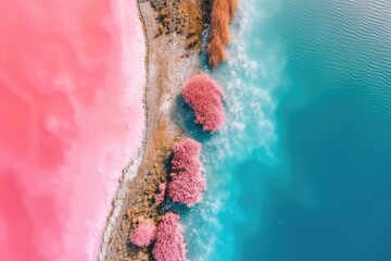 Pink Lake in Port Gregory in Western Australia, colored water by bacteria and algae, beautiful contrast between the blue ocean and pink water, clouds on the sky, aerial view 