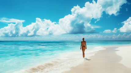 A young woman walking on a pristine beach with turquoise water and fluffy clouds in the sky.